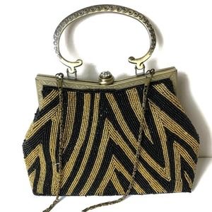 Vintage Gold Black Beaded Evening Purse Party Handbag With Chain Crossbody Strap